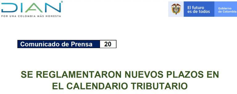 Comunicado de Prensa DIAN # 20. Nuevos plazos en el calendario tributario 10 comunicado prensa 20 DIAN 17marzo2020