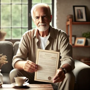 DALL·E 2024-09-20 16.06.37 - A dignified elderly man sitting comfortably in his living room, holding a document symbolizing his retirement pension. The scene conveys a sense of ac