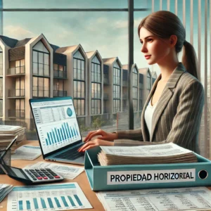 DALL·E 2024-09-20 16.30.30 - An image depicting a woman managing the accounting of a residential condominium (propiedad horizontal). She is seated at a desk with a laptop, reviewi