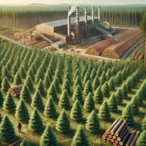 DALL·E 2024-09-20 16.34.30 - An image depicting forest plantations and new sawmills. The scene shows a lush forest with rows of newly planted trees, representing sustainable fores