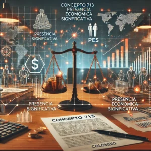 DALL·E 2024-09-20 16.37.36 - An image representing the legal concept 'Concepto 713 de 28-08-2024_ Presencia Económica Significativa (PES)'. The scene shows a business setting with