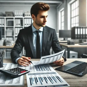 DALL·E 2024-10-28 18.22.05 - A realistic image of an accountant in a professional office reviewing financial statements. The accountant, dressed in business attire, is focused on