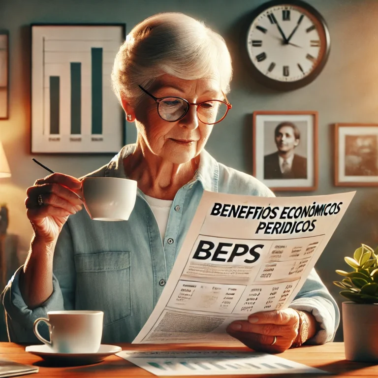 DALL·E 2024 11 20 18.47.41 Una representacion realista del concepto de Beneficios Economicos Periodicos BEPS en el marco del sistema general de pensiones. La escena muestra a