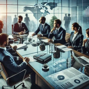 DALL·E 2025-02-07 00.22.27 - A professional business setting with executives discussing financial and legal matters. A group of well-dressed business professionals, including a la