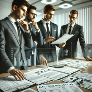 DALL·E 2025-02-07 10.00.46 - A professional business setting where executives in formal attire discuss legal documents related to tax deductions and electronic toll receipts. A se