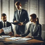 DALL·E 2025-02-07 10.11.33 - A professional business setting where financial executives in formal attire discuss FATCA compliance. They are reviewing tax documents and financial r