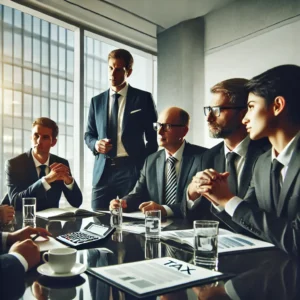 DALL·E 2025-02-15 11.59.03 - A professional business meeting in a modern office setting. A group of executives, including a lawyer in a suit, is engaged in a serious discussion. T