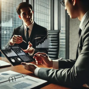 DALL·E 2025-02-15 12.04.47 - A professional business setting with a legal and financial discussion. Two executives in formal attire are seated at a modern office desk, reviewing d