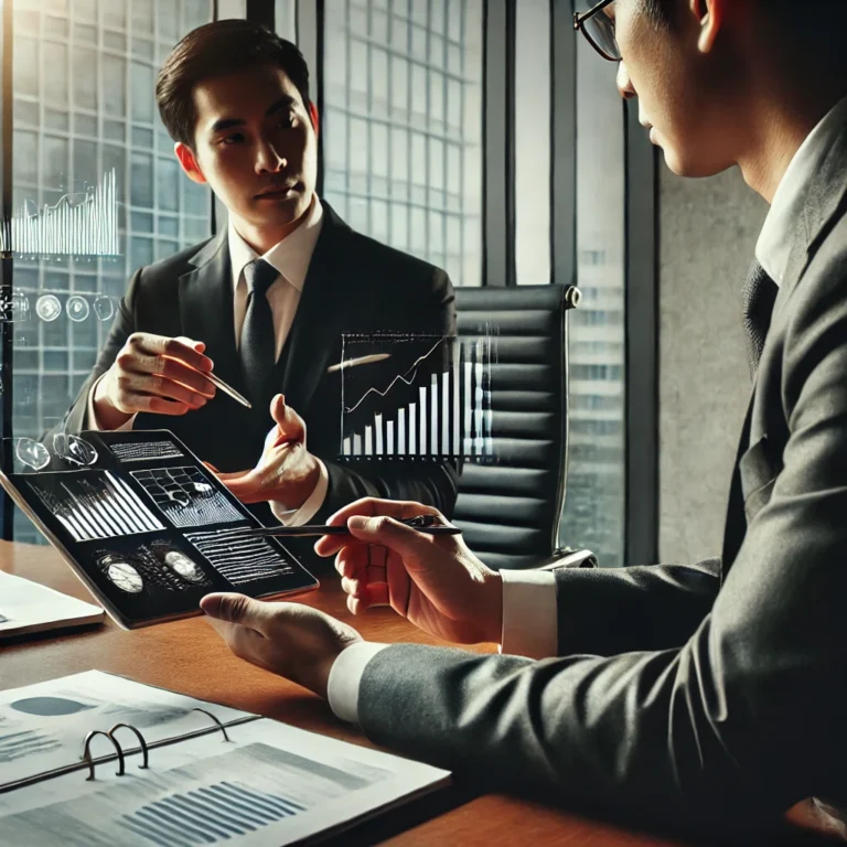 DALL·E 2025 02 15 12.04.47 A professional business setting with a legal and financial discussion. Two executives in formal attire are seated at a modern office desk reviewing d
