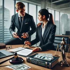 DALL·E 2025-02-15 12.14.03 - A professional office setting with two legal professionals in formal attire discussing a tax and foreign exchange administrative case. One person is p