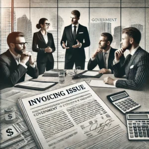DALL·E 2025-02-15 12.28.07 - A newspaper-style image featuring a professional business setting. The scene shows executives and legal advisors in formal attire discussing an invoic