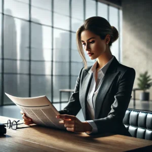 DALL·E 2025-02-15 12.34.37 - A realistic photo of a professional woman in business attire sitting at a modern office desk, reading a newspaper with a focused expression. She is ho