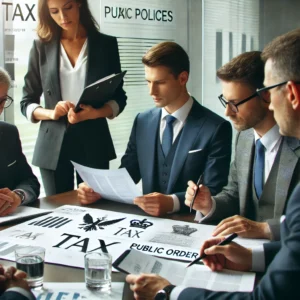 DALL·E 2025-02-21 12.29.48 - A professional business meeting where executives in formal attire are discussing tax policies and public order. The setting is a modern office with a