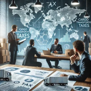 DALL·E 2025-02-21 12.37.00 - A realistic office setting where professionals are discussing cargo transportation taxes. The scene includes two or three individuals in business-casu