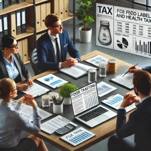 DALL·E 2025-02-21 12.54.21 - A realistic office setting where a small group of professionals is discussing tax regulations on food labeling and health taxes. Two or three individu