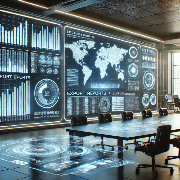 DALL·E 2025 03 01 11.47.46 A futuristic and modern office environment with digital financial reports and export related documents displayed on holographic screens. The setting i