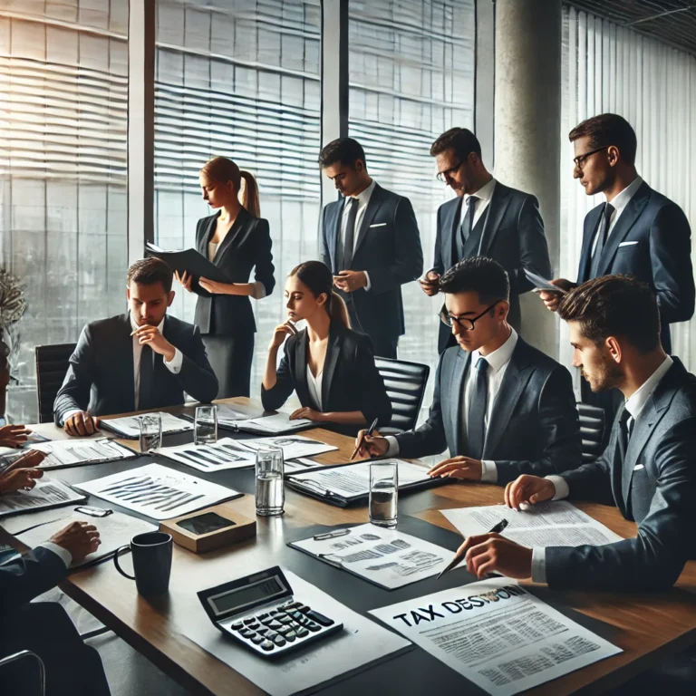 DALL·E 2025-03-01 11.58.47 - A professional business meeting in a modern office setting. Several executives in formal attire are discussing tax collection and customs duties. Some