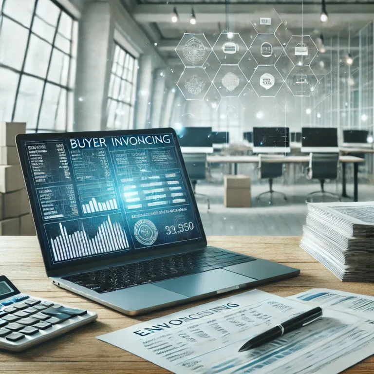 DALL·E 2025 03 01 12.03.40 A modern and professional office environment with a laptop displaying electronic invoicing reports financial documents and a digital interface for b