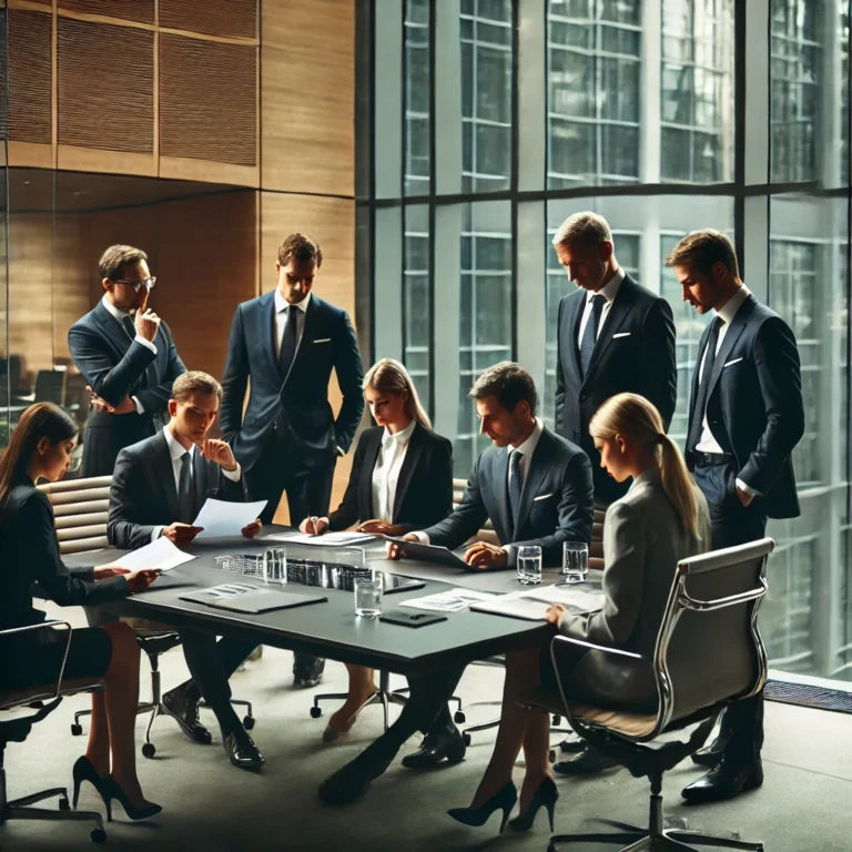 DALL·E 2025 03 07 13.48.59 A professional business meeting in an office setting. Several executives dressed in formal business attire are gathered around a modern conference t