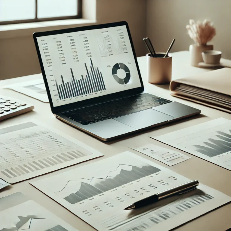 DALL·E 2025 03 08 09.32.43 A minimalist financial office desk with documents a laptop displaying financial charts and a pen. The setting is modern and clean with a neutral co