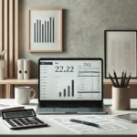 DALL·E 2025-03-08 09.44.40 - A minimalist office desk with a laptop displaying financial documents, a calculator, and tax-related paperwork. The setting is modern and clean, with