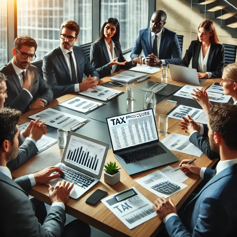 DALL·E 2025 03 08 09.52.02 A professional business meeting with executives discussing tax procedures for social housing construction projects. The setting is a modern conference