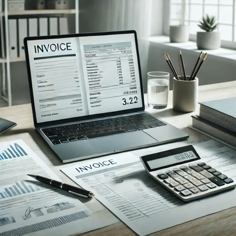 DALL·E 2025 03 17 13.07.22 A modern office desk with a laptop displaying an electronic invoice along with neatly arranged financial documents and a calculator. The setting is p