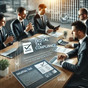 DALL·E 2025-03-17 13.15.06 - A professional business meeting in a modern office setting with a small group of executives. They are discussing digital tax compliance, reviewing ele