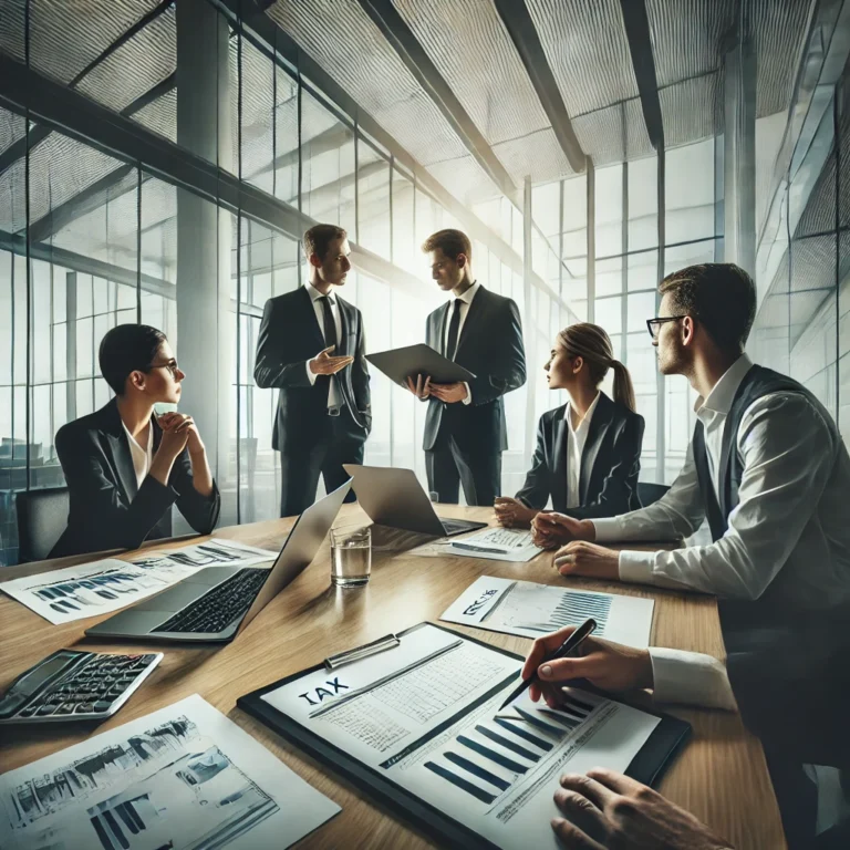 DALL·E 2025 03 17 13.35.01 A professional business meeting in a modern office setting with a small group of executives. They are discussing financial corrections and tax adjustm