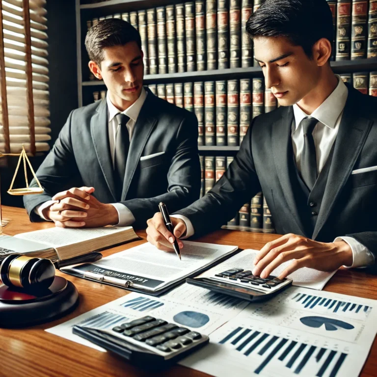 Reforma Tributaria 2025 5 DALL·E 2025 03 21 14.48.51 A professional legal discussion in an executive office setting. Two well dressed business professionals in suits are seated at a polished wooden desk