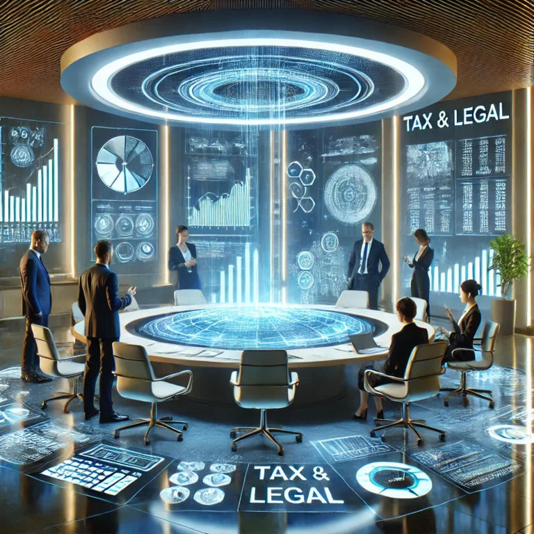 Concepto 016230 del 24-11-2025. RST 1 DALL·E 2025 03 21 14.51.45 A futuristic executive office with professionals discussing financial and legal matters. The setting includes sleek modern furniture with holographic
