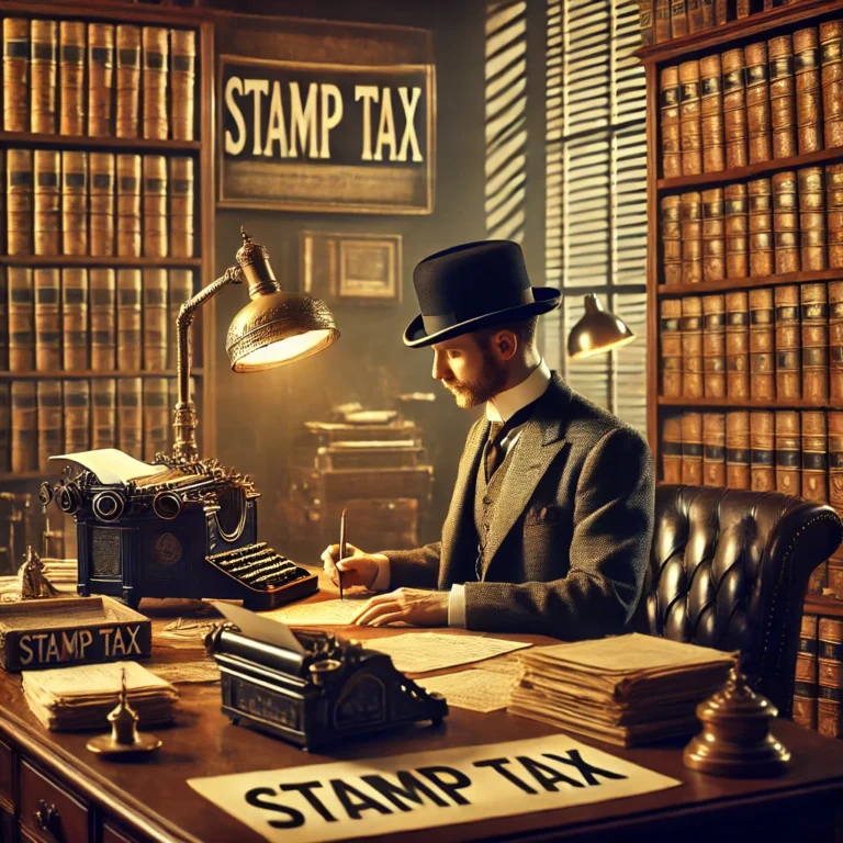 DALL·E 2025 03 21 15.04.19 A vintage style executive office with a single business professional in early 20th century attire reviewing financial documents related to stamp tax.