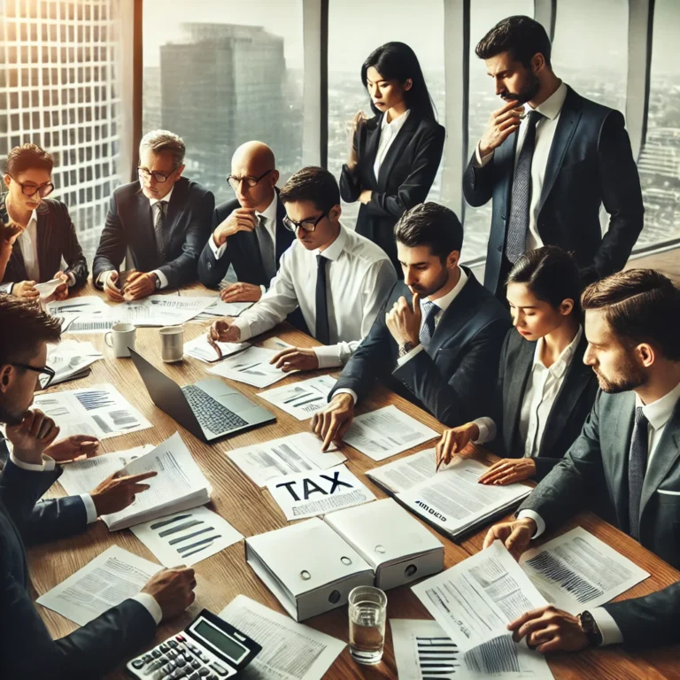 DALL·E 2025 03 22 13.36.53 A professional business setting where a group of executives and tax professionals are engaged in a serious discussion. They are reviewing legal tax do