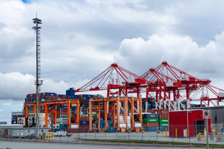Grúas portuarias y patio de contenedores en una terminal de carga